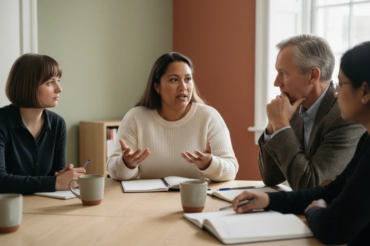 Four clinicians sit around a meeting table in a case discussion, one speaking with open hands while the others listen.
