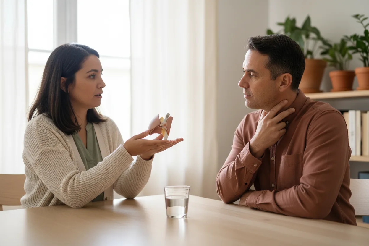 A clinician holds a small model of the larynx in her open hand while a man across the table touches his own throat as he listens.