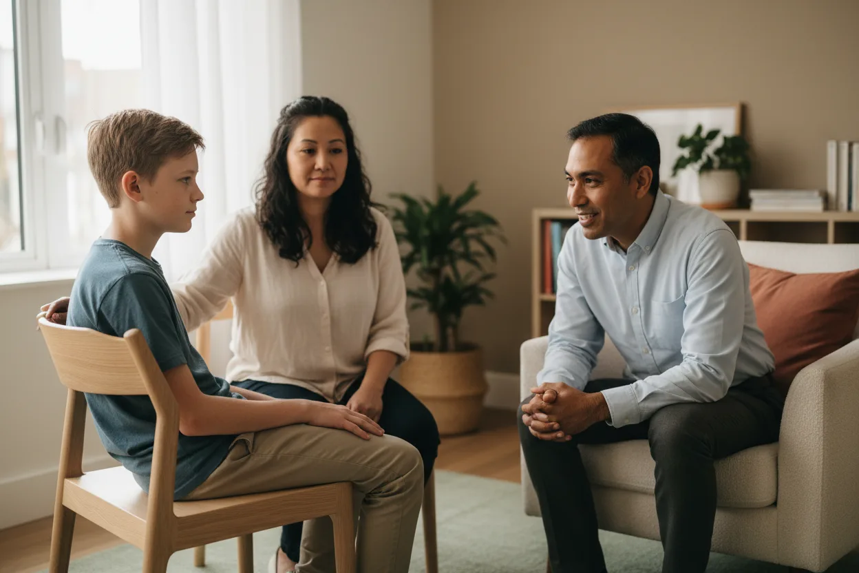 A teenage boy sits beside his mother while a clinician leans forward, talking with them both.