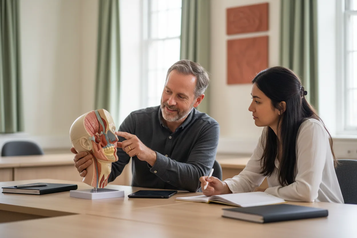 A clinician holds an anatomical model of the head and neck in section, pointing at the throat while explaining it to a student across the desk.
