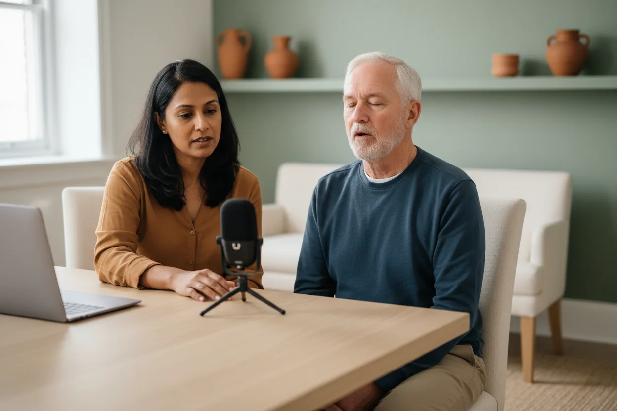 A man sustains a vowel into a small microphone on a clinic table while the clinician beside him listens, a laptop turned away.